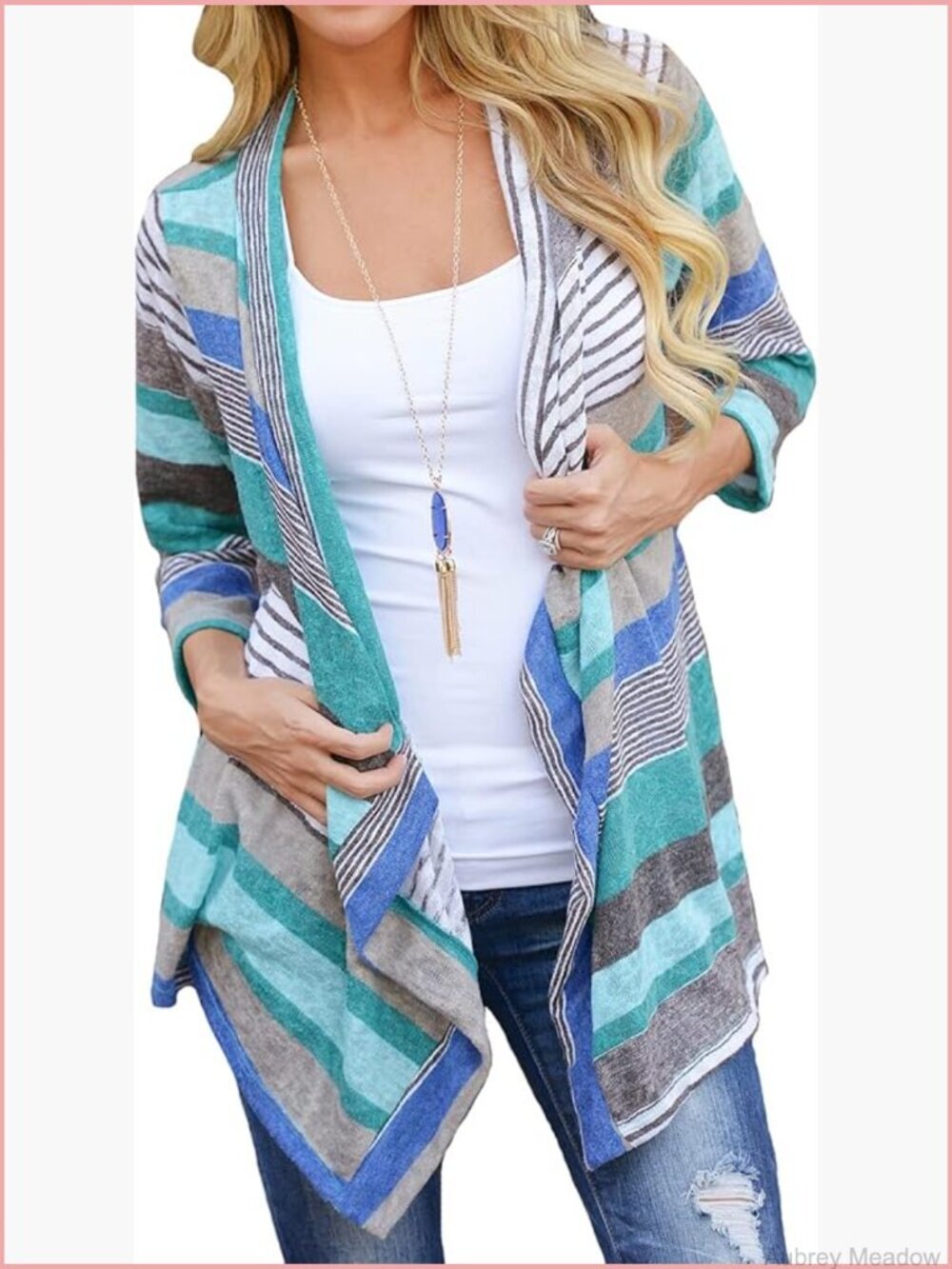3/4 Sleeve Striped Open Front Cardigan Loose Kimono Sweater